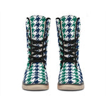 Blue Green And White Houndstooth Print Winter Boots
