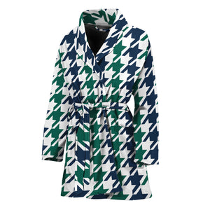 Blue Green And White Houndstooth Print Women's Bathrobe