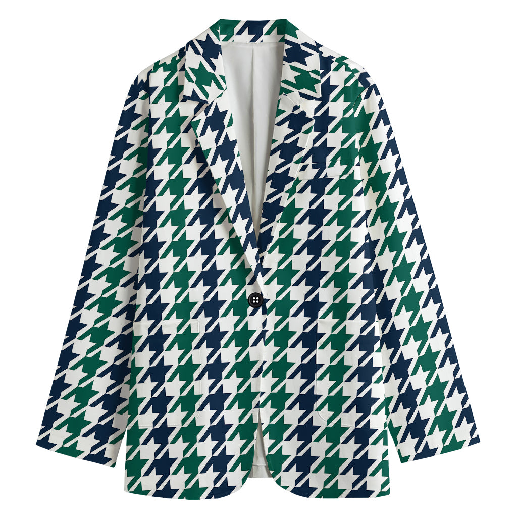 Blue Green And White Houndstooth Print Women's Blazer