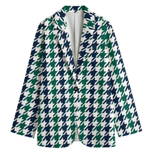Blue Green And White Houndstooth Print Women's Blazer