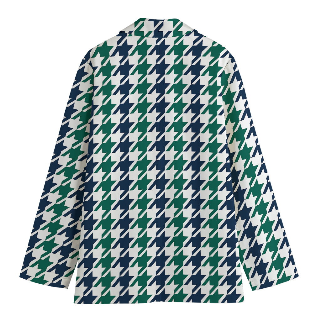 Blue Green And White Houndstooth Print Women's Blazer