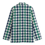 Blue Green And White Houndstooth Print Women's Blazer