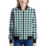 Blue Green And White Houndstooth Print Women's Bomber Jacket