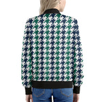 Blue Green And White Houndstooth Print Women's Bomber Jacket