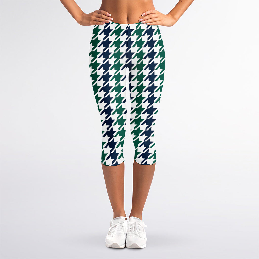 Blue Green And White Houndstooth Print Women's Capri Leggings