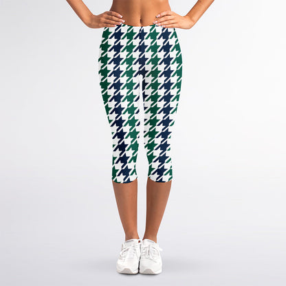 Blue Green And White Houndstooth Print Women's Capri Leggings