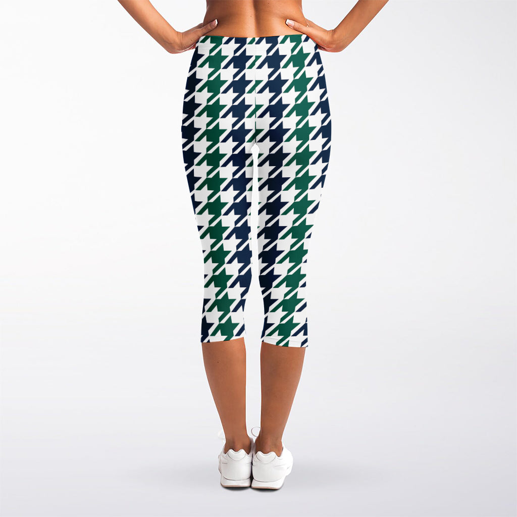 Blue Green And White Houndstooth Print Women's Capri Leggings