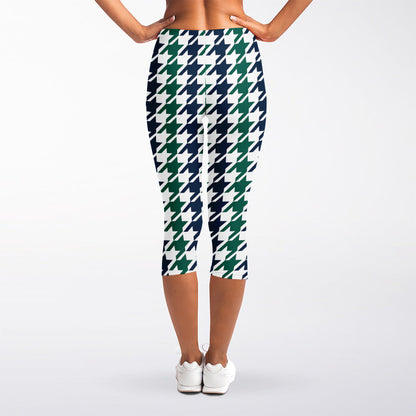 Blue Green And White Houndstooth Print Women's Capri Leggings