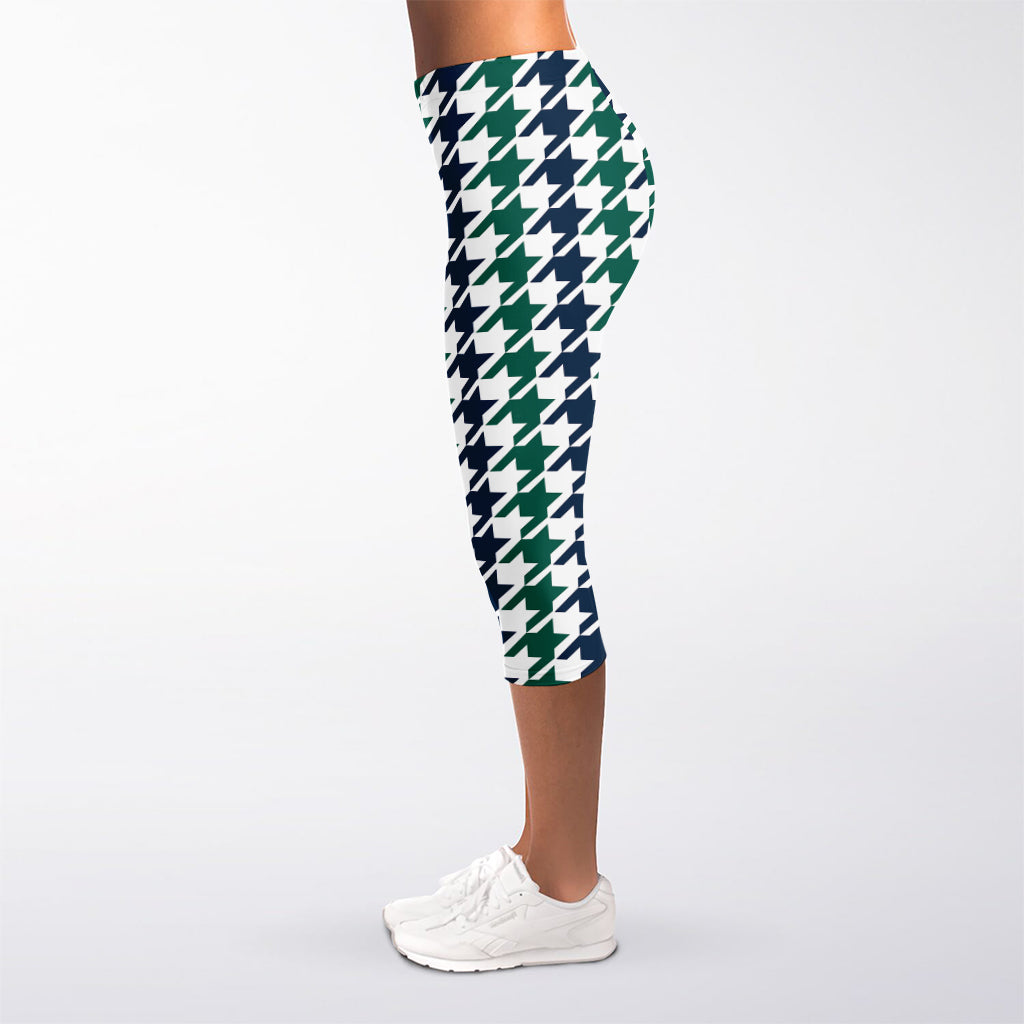 Blue Green And White Houndstooth Print Women's Capri Leggings