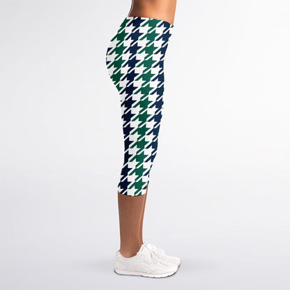 Blue Green And White Houndstooth Print Women's Capri Leggings