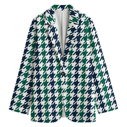 Blue Green And White Houndstooth Print Women's Cotton Blazer