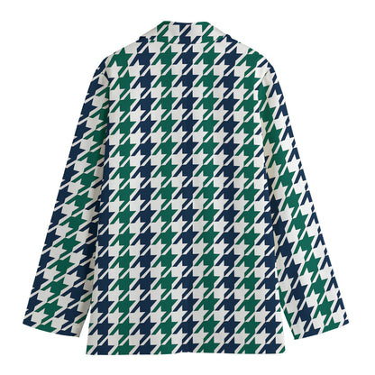 Blue Green And White Houndstooth Print Women's Cotton Blazer