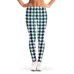 Blue Green And White Houndstooth Print Women's Leggings