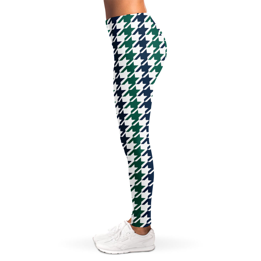 Blue Green And White Houndstooth Print Women's Leggings