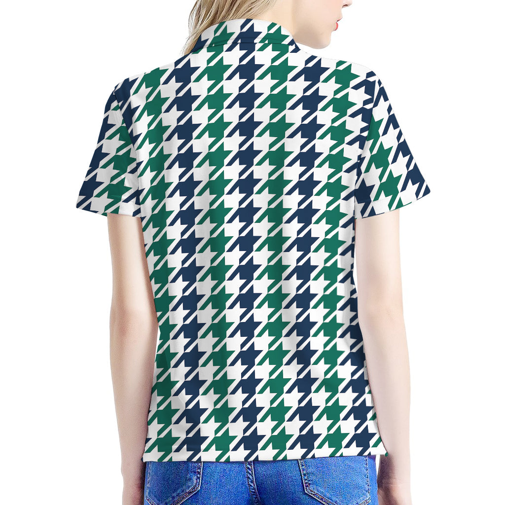 Blue Green And White Houndstooth Print Women's Polo Shirt