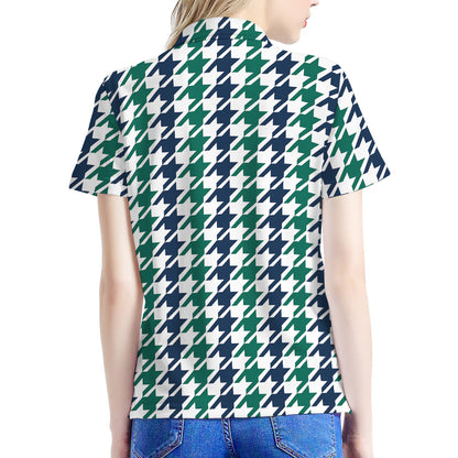 Blue Green And White Houndstooth Print Women's Polo Shirt