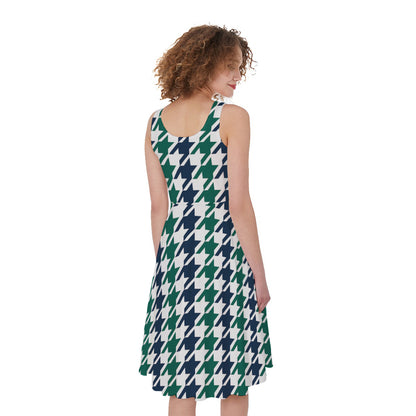 Blue Green And White Houndstooth Print Women's Sleeveless Dress