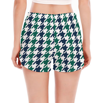 Blue Green And White Houndstooth Print Women's Split Running Shorts