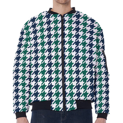 Blue Green And White Houndstooth Print Zip Sleeve Bomber Jacket