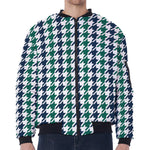 Blue Green And White Houndstooth Print Zip Sleeve Bomber Jacket