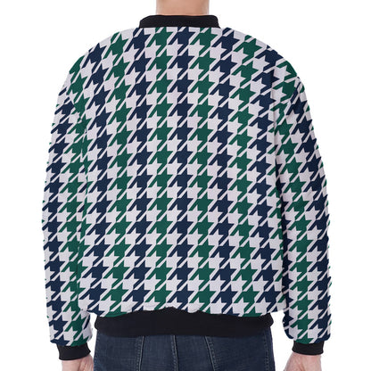 Blue Green And White Houndstooth Print Zip Sleeve Bomber Jacket