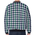Blue Green And White Houndstooth Print Zip Sleeve Bomber Jacket