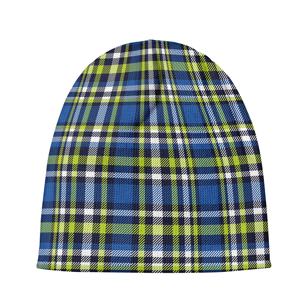 Blue Green And White Plaid Pattern Print Beanie