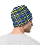 Blue Green And White Plaid Pattern Print Beanie