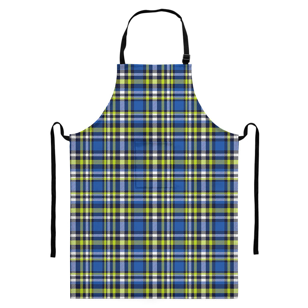 Blue Green And White Plaid Pattern Print Bib Apron With Pocket