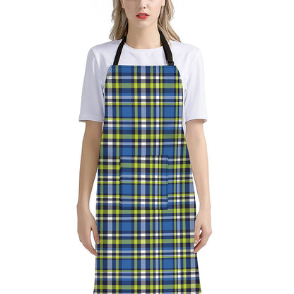 Blue Green And White Plaid Pattern Print Bib Apron With Pocket