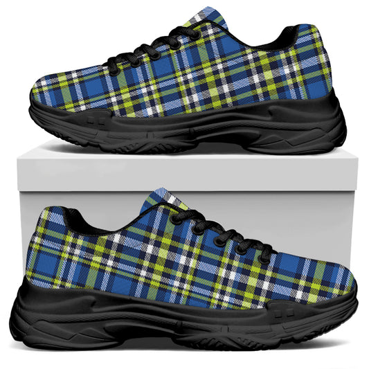 Blue Green And White Plaid Pattern Print Black Chunky Shoes