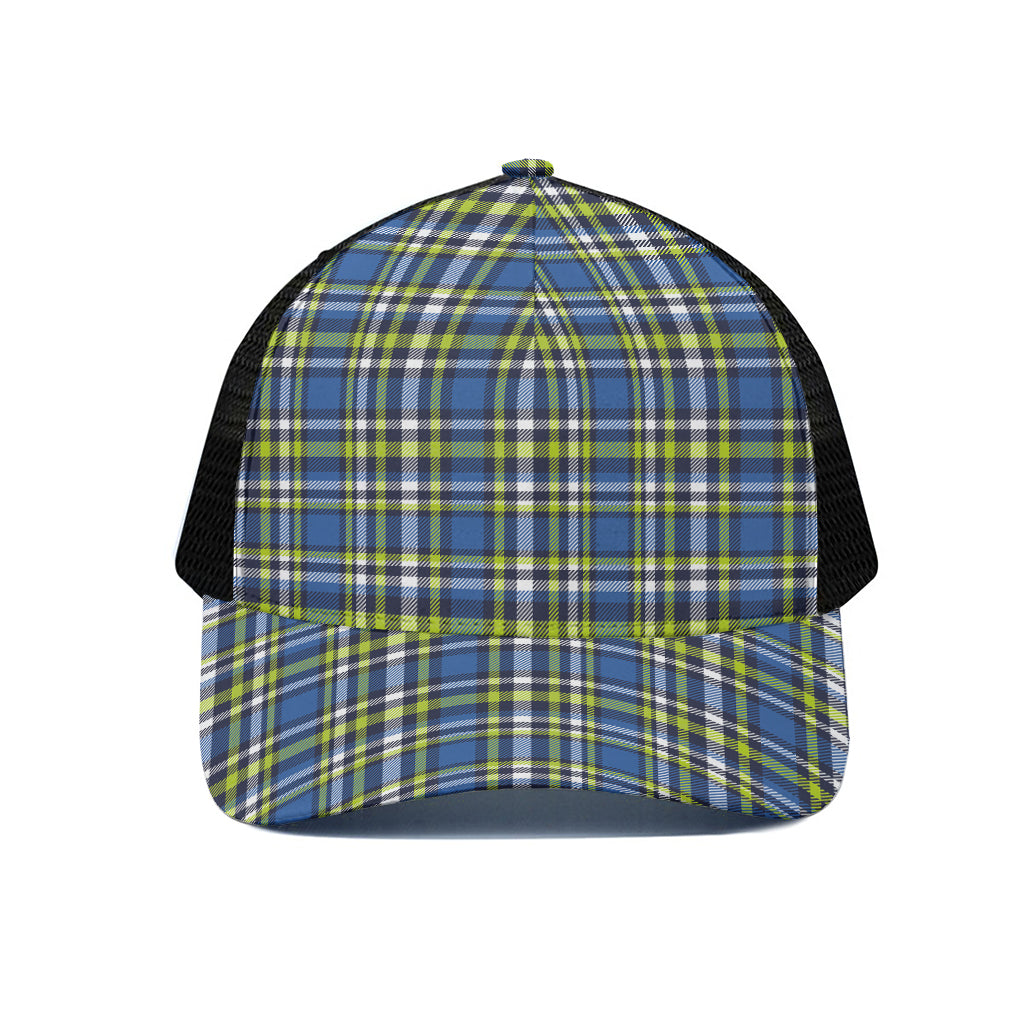 Blue Green And White Plaid Pattern Print Black Mesh Trucker Cap