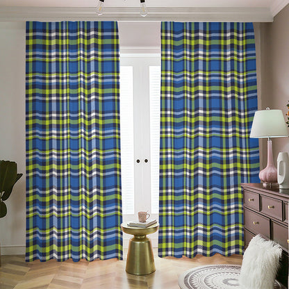 Blue Green And White Plaid Pattern Print Blackout Pencil Pleat Curtains