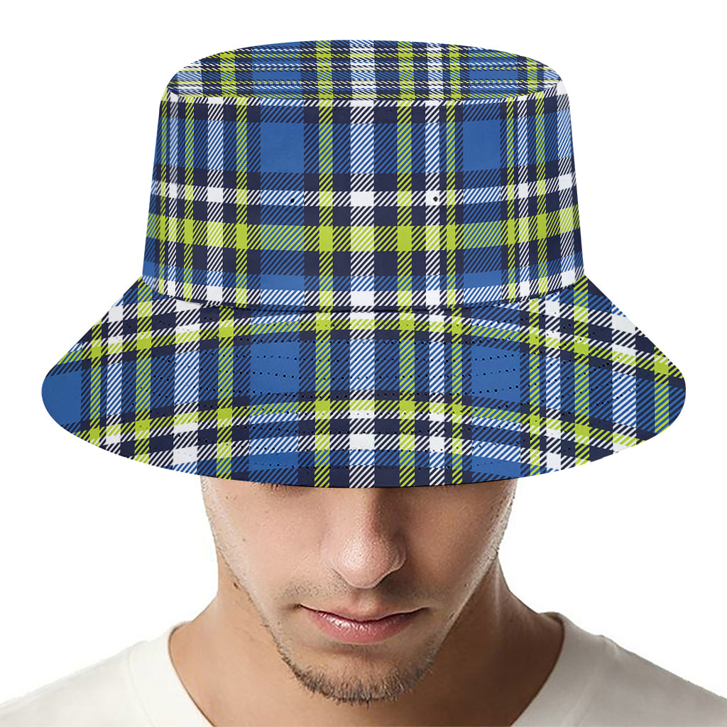 Blue Green And White Plaid Pattern Print Bucket Hat