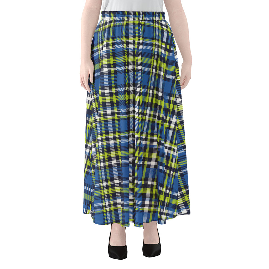 Blue Green And White Plaid Pattern Print Chiffon Maxi Skirt