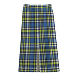 Blue Green And White Plaid Pattern Print Cotton Front Slit Maxi Skirt