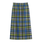 Blue Green And White Plaid Pattern Print Cotton Front Slit Maxi Skirt