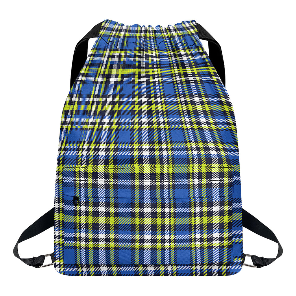 Blue Green And White Plaid Pattern Print Drawstring Backpack