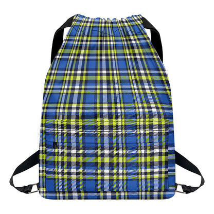 Blue Green And White Plaid Pattern Print Drawstring Backpack