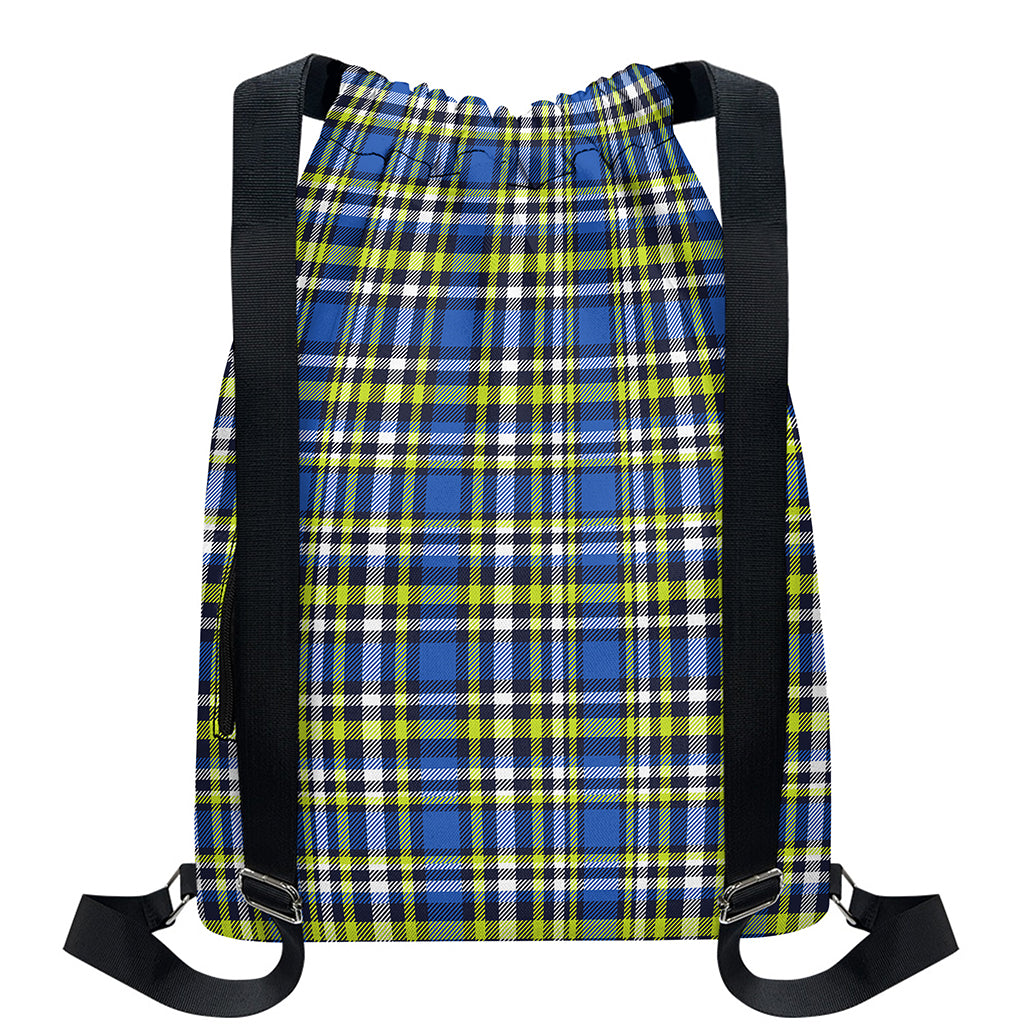 Blue Green And White Plaid Pattern Print Drawstring Backpack