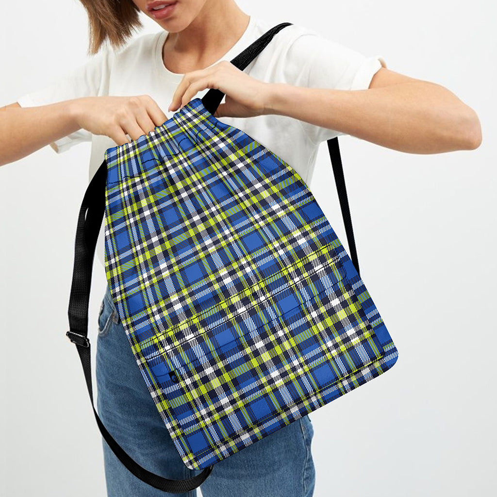 Blue Green And White Plaid Pattern Print Drawstring Backpack