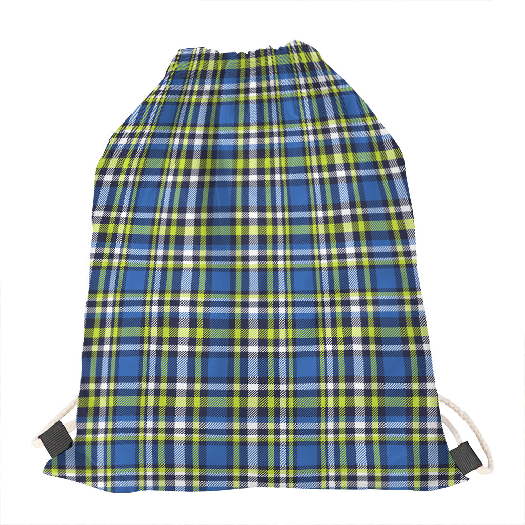 Blue Green And White Plaid Pattern Print Drawstring Bag
