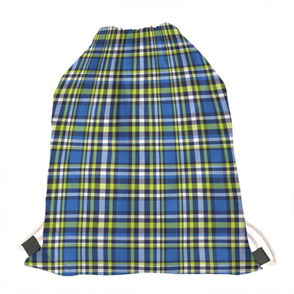 Blue Green And White Plaid Pattern Print Drawstring Bag