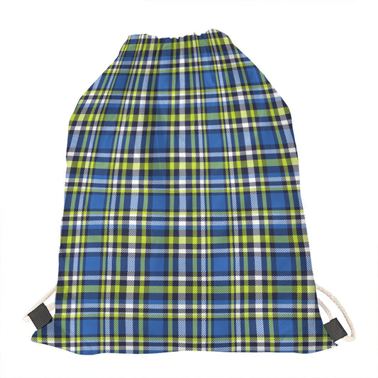 Blue Green And White Plaid Pattern Print Drawstring Bag