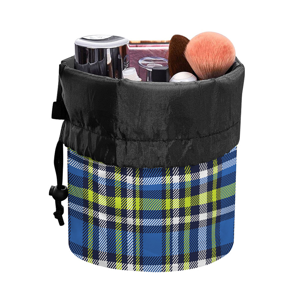 Blue Green And White Plaid Pattern Print Drawstring Makeup Bag