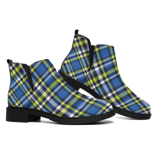 Blue Green And White Plaid Pattern Print Flat Ankle Boots