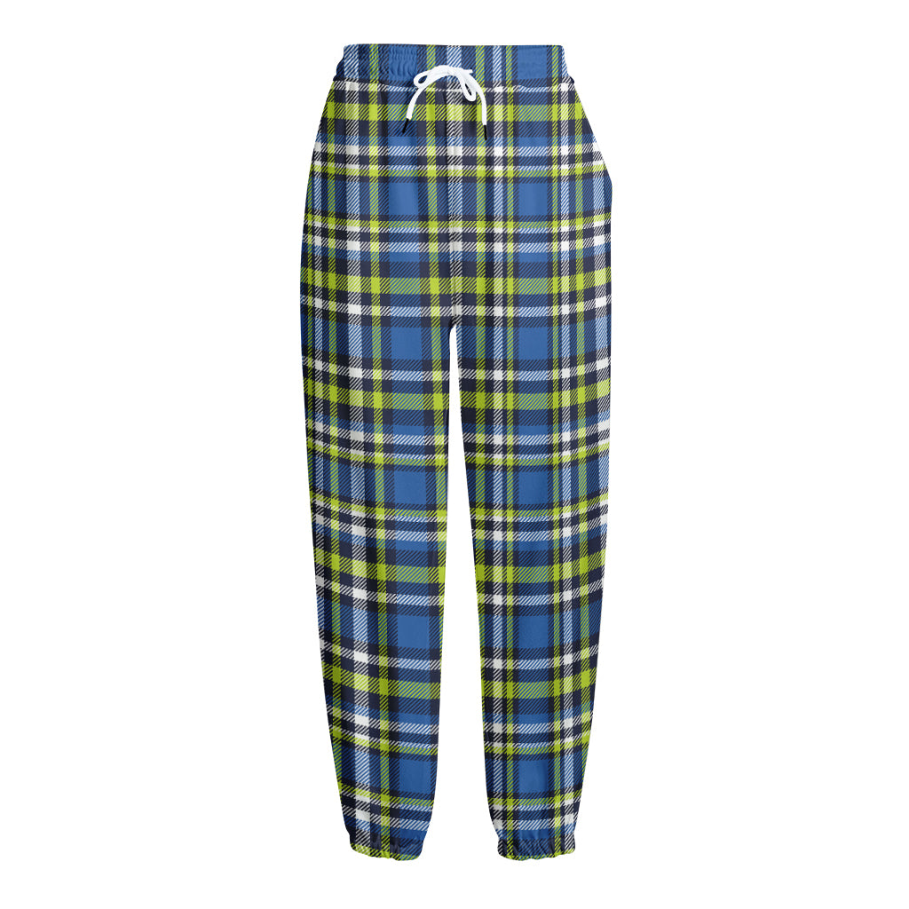 Blue Green And White Plaid Pattern Print Fleece Lined Knit Pants