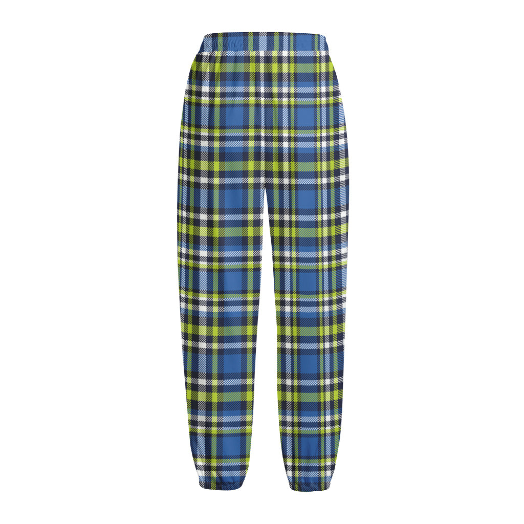 Blue Green And White Plaid Pattern Print Fleece Lined Knit Pants