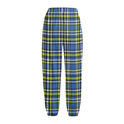 Blue Green And White Plaid Pattern Print Fleece Lined Knit Pants