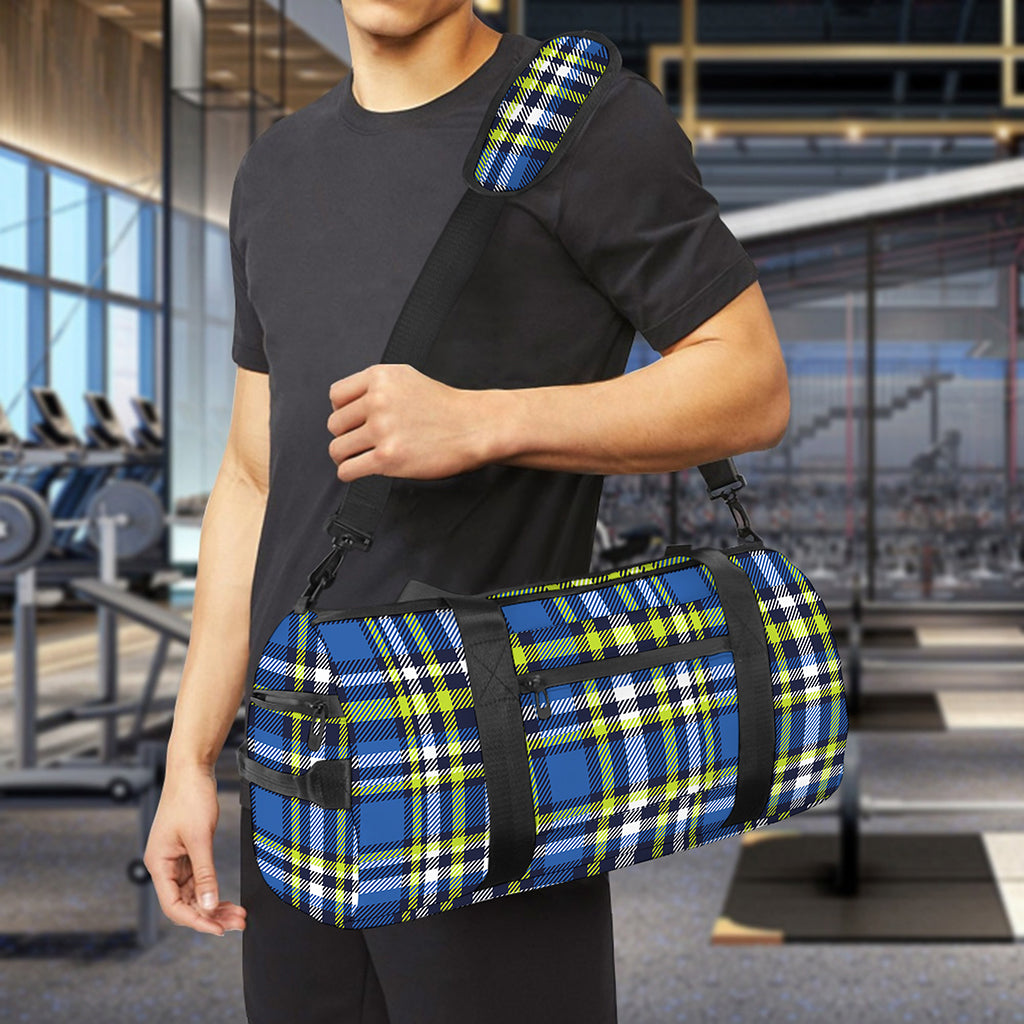 Blue Green And White Plaid Pattern Print Gym Bag